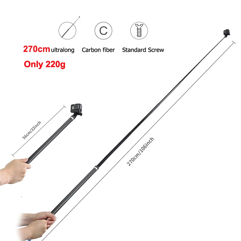 

TELESIN 106" Long Carbon Fiber Selfie Stick for GoPro Hero 8 7 6 5 4 3 4s 5s Xiaomi YI 4K SJCAM EKEN Extendable Handheld Monopod