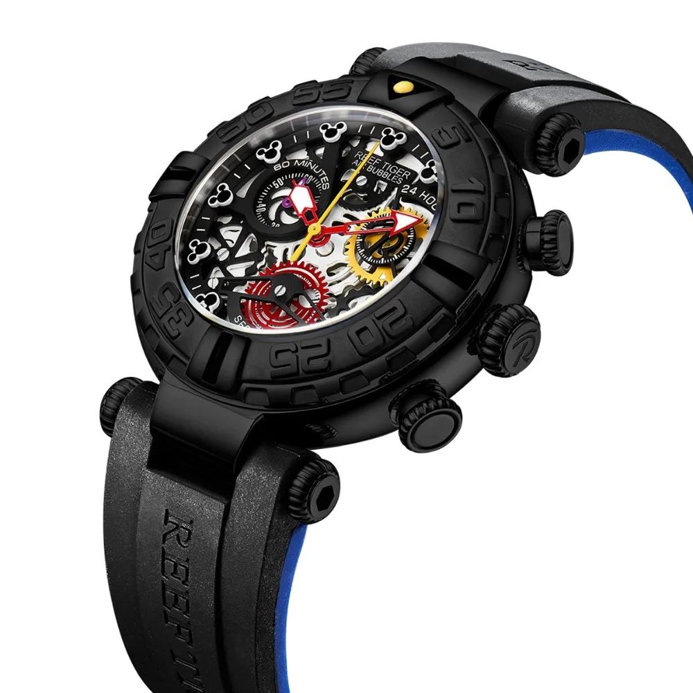 Риф Тигр RGA3059-S Для мужчин спортивный хронограф модные 10Bar Водонепроницаемый Skelet кварцевые наручные часы с резиновый ремешок для часов-черный