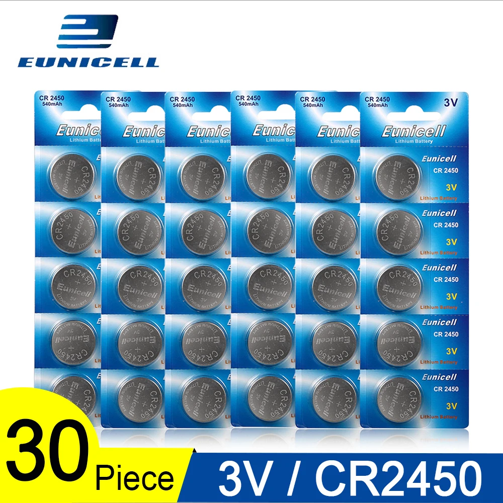 

30pcs=6 Cards Eunicell 350mAh CR2450 CR 2450 ECR2450 KCR2450 5029LC LM2450 button cell coin battery 3V lithium watch Batteries