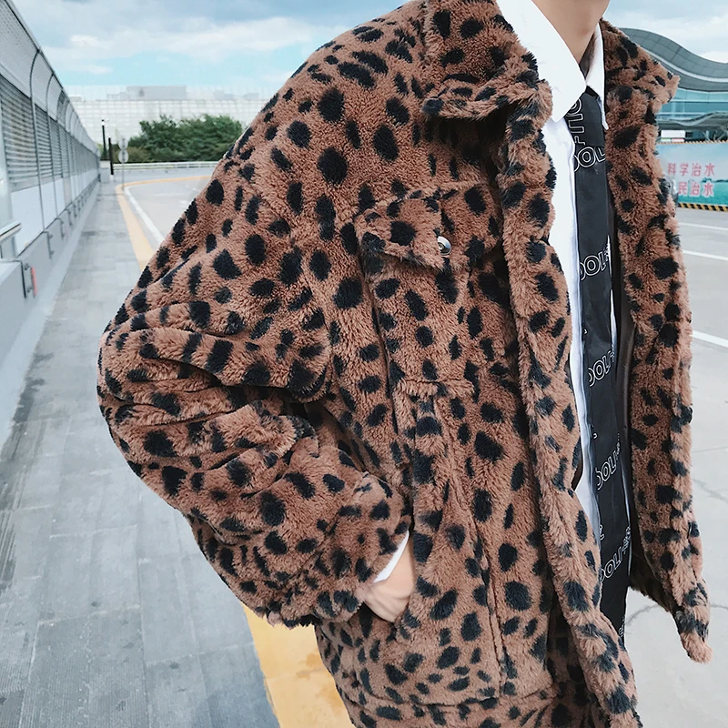 

Autumn Winter Mens Faux Fur Leopard Warm Coat Short Loose Outwear Black Brown Buttons Front Outwear L41