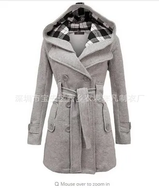 light gray Зимнее шерстяное пальто с капюшоном для женщин двубортный Кардиган Куртка клетчатое длинное хлопковое пальто с поясом одежда Vestidos LBD6321 - Цвет: light gray