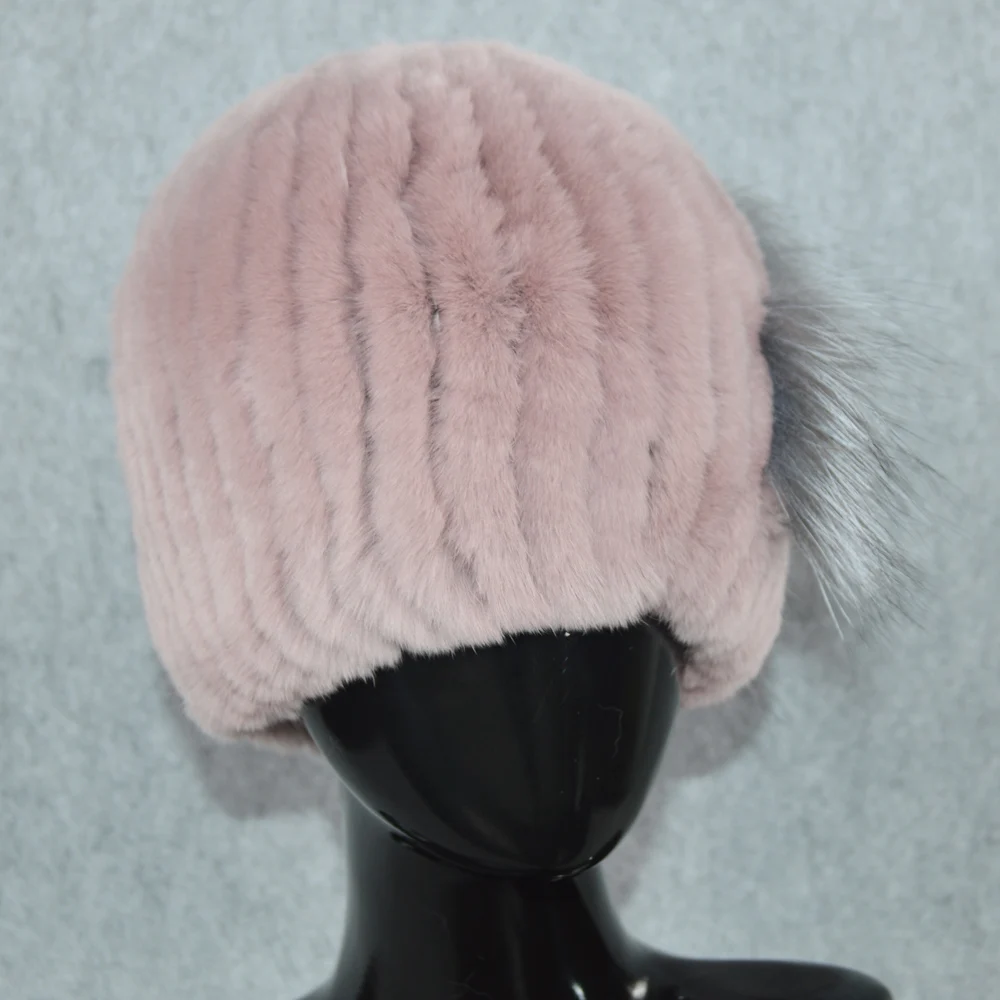 Ручной вязки для женщин 100% настоящий мех кролика шапка Топ лисий кепки с цветами