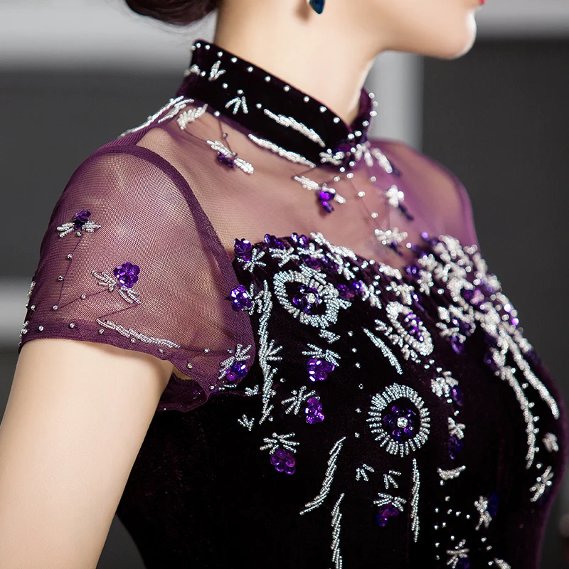 Сексуальное женское платье из велюра с китайским традиционным вырезом на спине, ручной работы, украшенное пайетками и бисером. Чипао новых женщин, длинное вечернее платье.