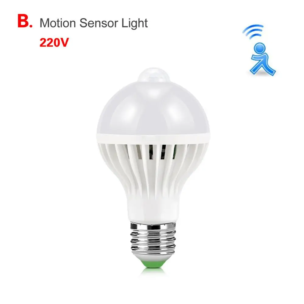 220V Motion sensor E27 светодиодный ночник с датчиком звука, датчик движения PIR, Ночной светильник, 110 В, 220 В, 3 Вт, 5 Вт, 7 Вт, 9 Вт, 12 Вт, Сенсорная лампа для лестниц, прихожей, светильник ing - Испускаемый цвет: 220V Motion sensor