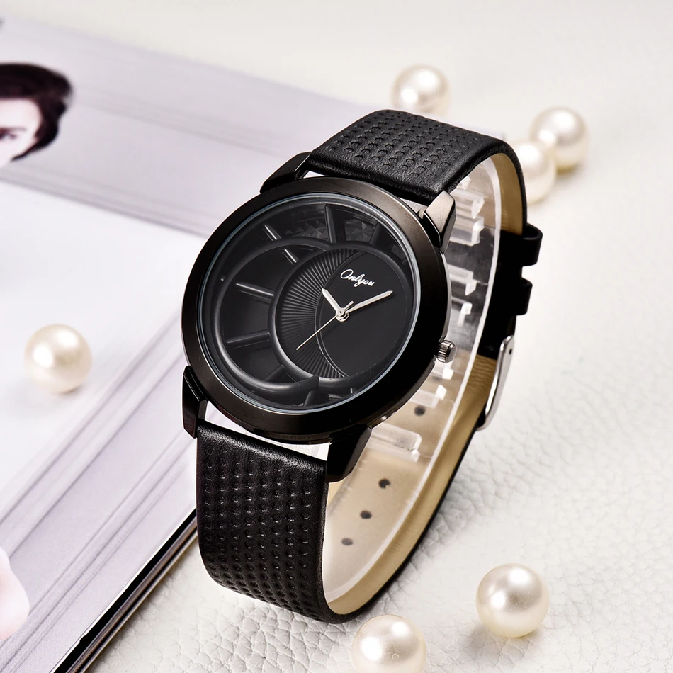 ONLYOU Fashion Quartz Watch Moon Phase Unique Design Black Case Water Resistant Life Charm Lovers Genuine Leather Clock | Наручные часы