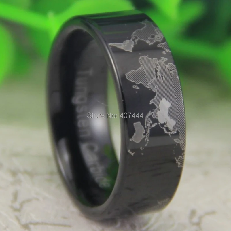 

Free Shipping USA UK Canada Russia Brazil Hot Sales 8MM Black Pipe Unique World Map Design Men's Fashion Tungsten Wedding Ring