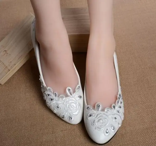 

Plus size flats wedding shoes women handmade sweet lace rhinestones brides shoes lady female low high heel bridesmaid shoes