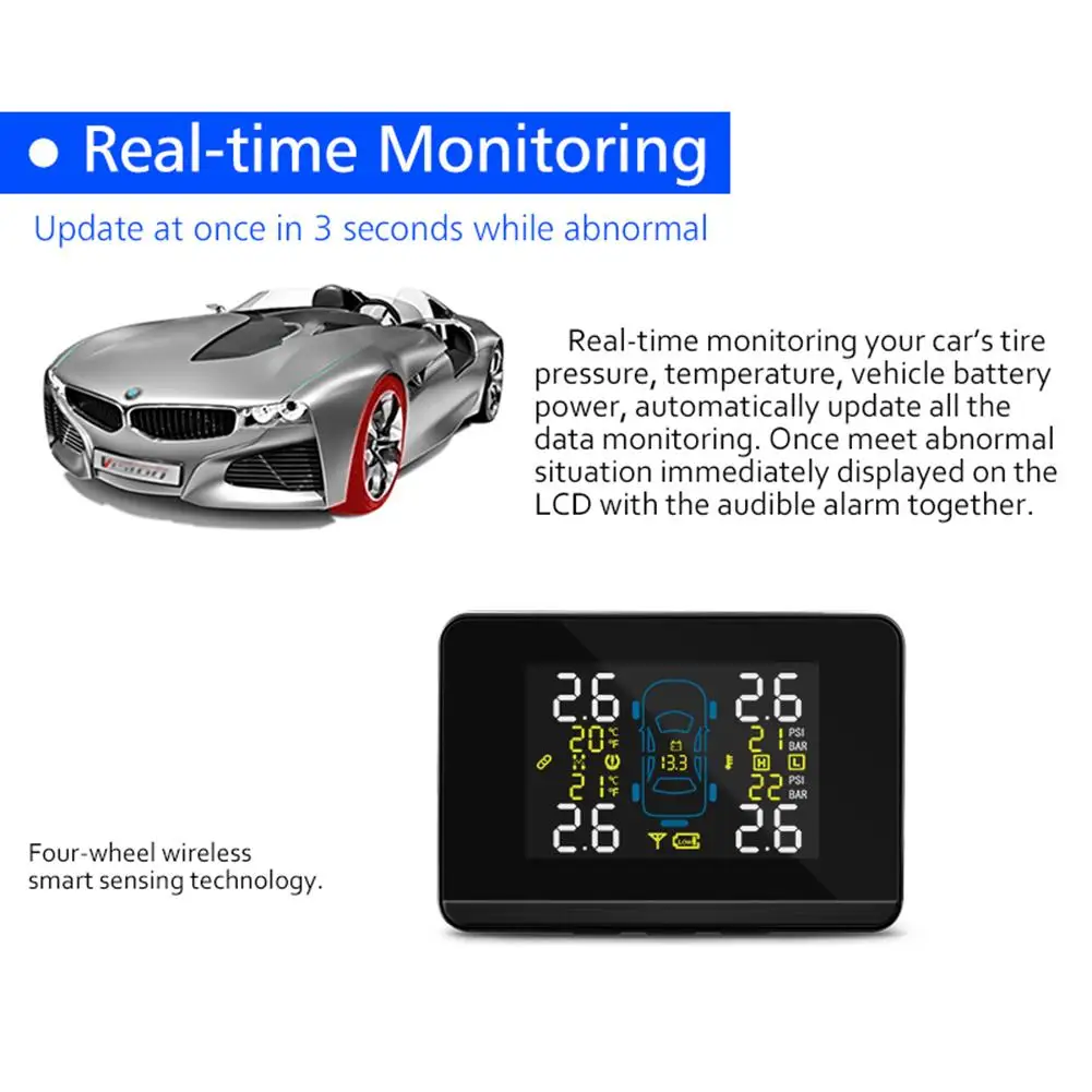 CAREUD Universal Car TPMS Wireless Tire Pressure Monitoring System With 4 Wheel Tires External Sensor Tyre | Автомобили и