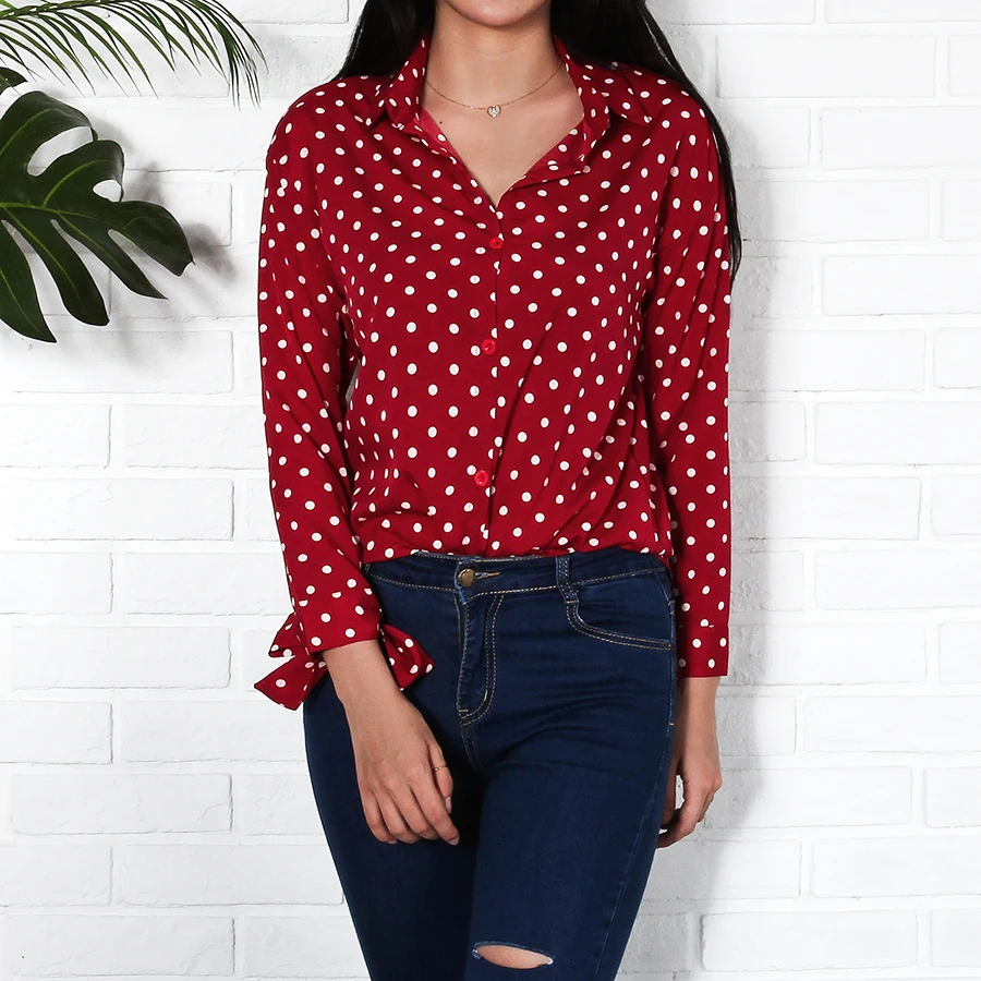 Red Vintage Polka Dot Shirts Women 2018 Autumn New Arrival Fashion Bow Long Sleeve Blouses Ladies Plus Size Casual Chiffon Tops | Женская