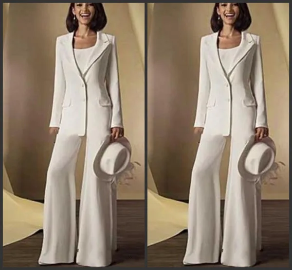 

2020 New Satin Long Sleeves Mother Of the Bride Dresses Pant Suits with jacket 3 Pieces Custom Made Women White Formal Outfits