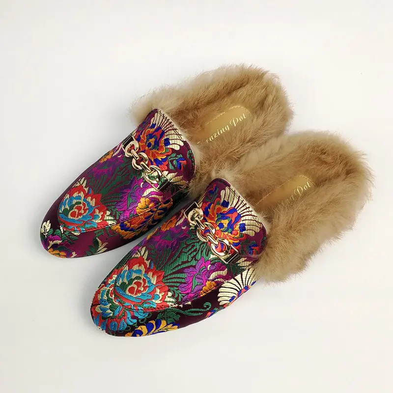 Классические Подиумные уличные тапочки с кроличьим мехом металлическая плоская