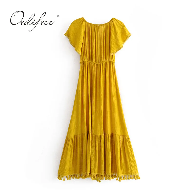 Ordifree/лето ; Boho; Женское Платье макси с открытыми плечами; с вырезом лодочкой; с кисточками; цвет желтый, белый; сексуальное длинное пляжное платье-туника