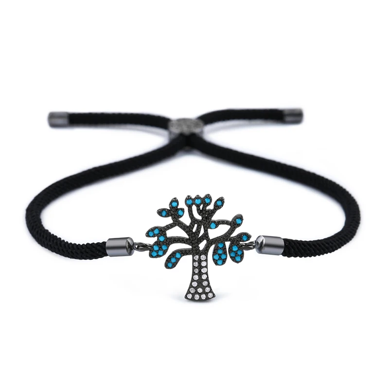 Black (Black Rope) Браслет с циркониевым деревом жизни, граница камней CZ, регулируемые красные черные браслеты с подвесками для женщин, счастливые ювелирные изделия brt-b04 - Окраска металла: Black (Black Rope)
