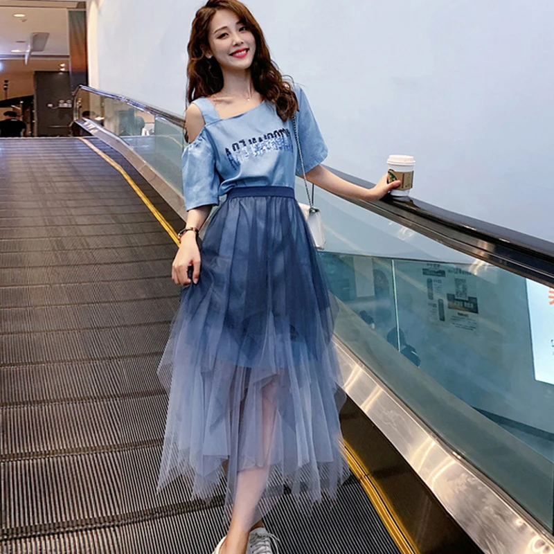 2 Piece Set Women Off Shoulder T Shirt Dress + Irregular Long Mesh Skirt 2019 Summer Two Skirts Plus Size Outfits | Женская одежда