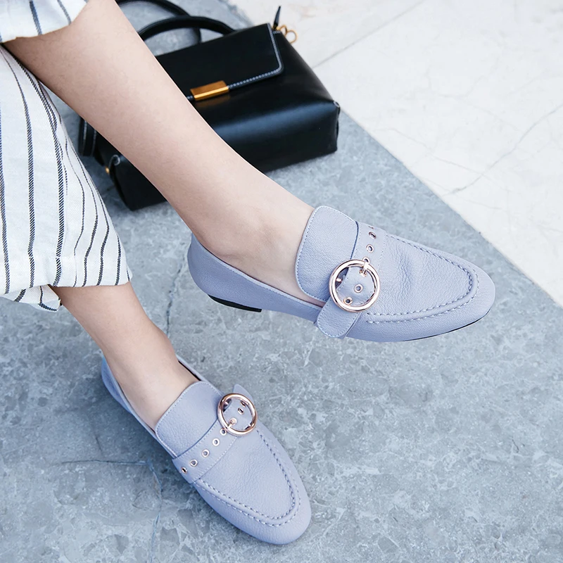 

WETKISS Genuine Leather Women Flats Square Toe Footwear Fashion Casual Female Loafers Shoes Buckle Shoes Woman 2019 New Spring