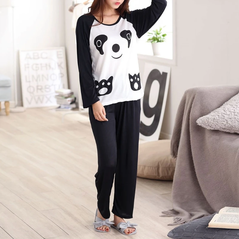 Autumn Couples Sleepwear Cartoon Panda Long Sleeve Pullover Pajamas Set Women Man Casual Nightwear Set