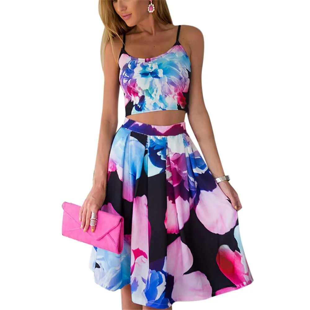 New 2015 Summer Style Women Sleeveless Floral Print Two Piece Dress O Neck Spaghetti Strap Vestidos Black White Plus Size S-XL | Женская