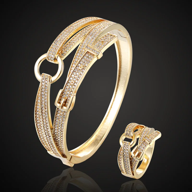 Набор женских ювелирных изделий из медного браслета и кольца с фианитом|jewelry sets