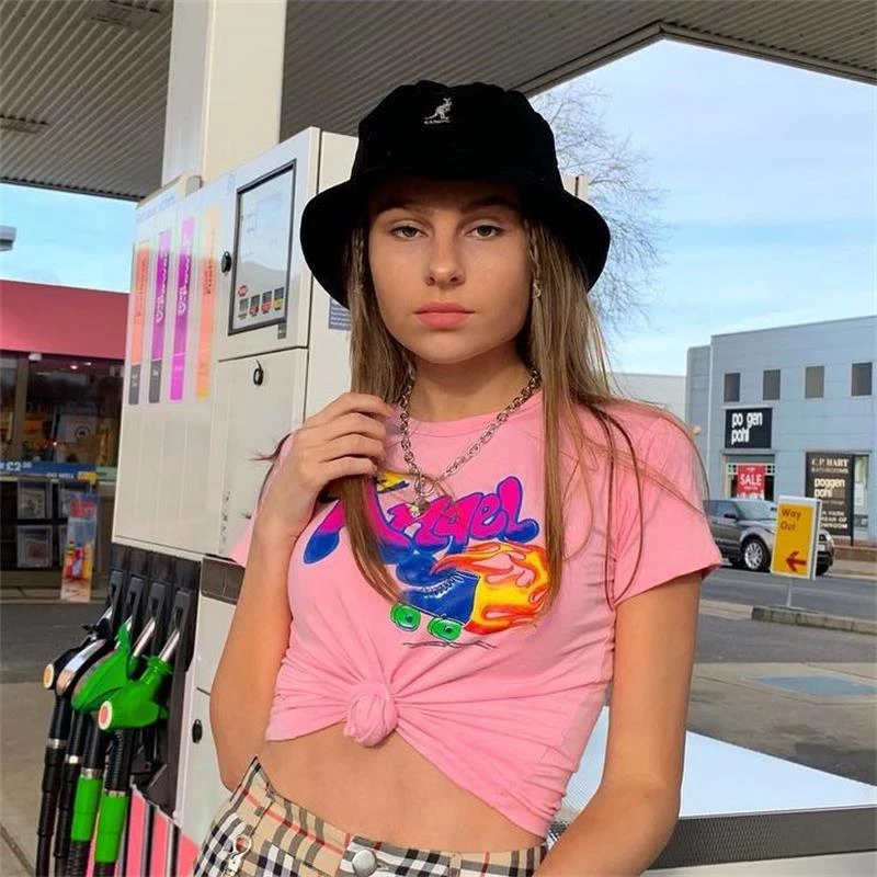 InstaHot Angel Printed Pink Short Sleeve T Shirts Women New Fashion Streetwear Sexy Cool Crop Tops Lady Tees Summer Style