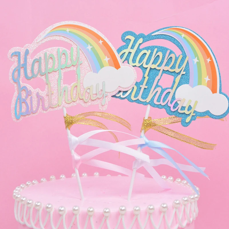 1pcs Happy Birthday Cake Topper Blue Pink Rainbow For Party Decorations Decor | Дом и сад