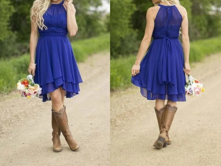 

Royal Blue dress Hote sale Sexy Halter Prom Dresses Fold waist Belt Bridesmaid Dresses short beach