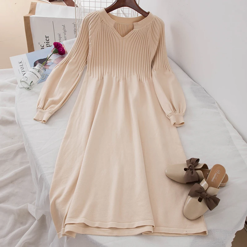 Новое поступление французский стиль вязаное платье с v образным вырезом ретро