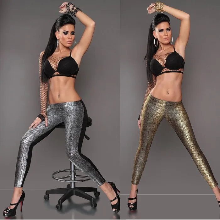 Женские леггинсы из змеиной кожи черные/Серебристые/золотистые облегающие для