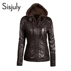 Sisjuly Женская кожаная куртка с капюшоном Черное моторное пальто Тонкая застежка-молния Повседневная куртка Парка Девушки Работа Коричневый PU Зимняя куртка Пальто