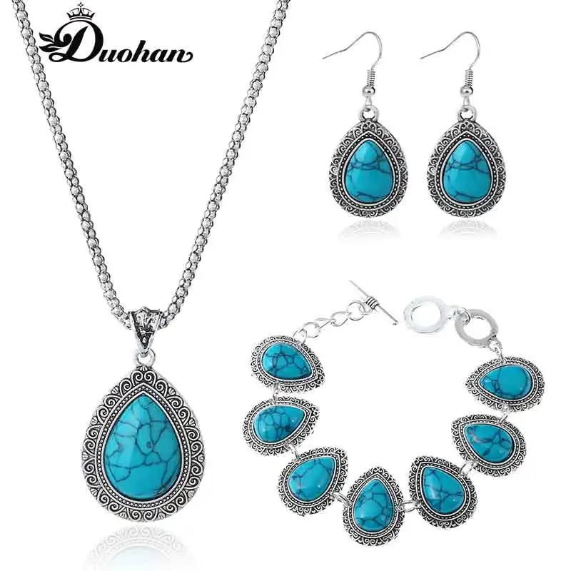 Duohan Изящные Винтаж женские комплект ювелирных изделий капли воды кулон Цепочки и