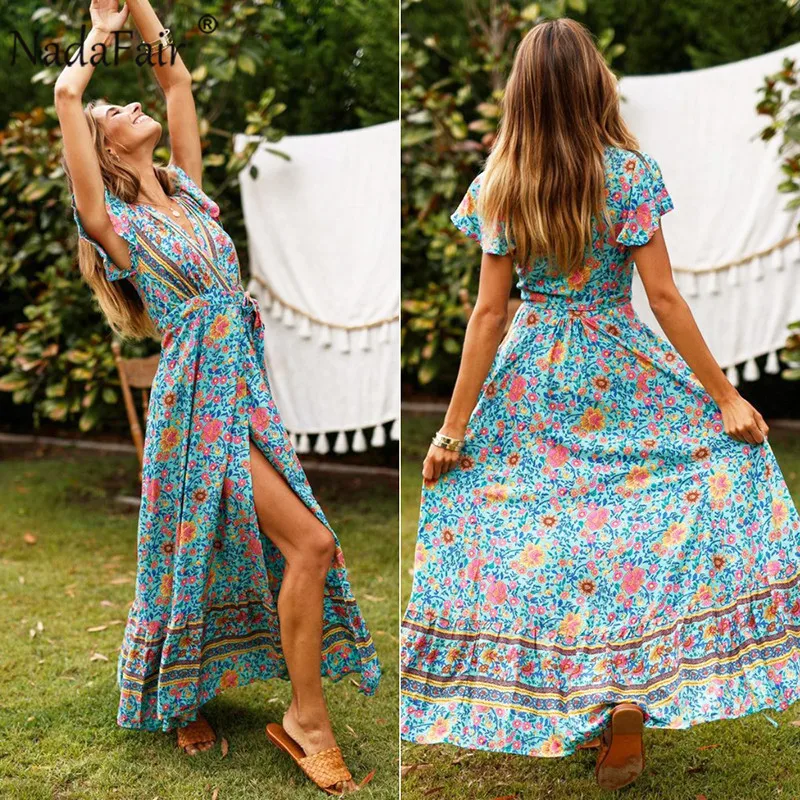 Nadafair Boho цветочное женское Макси платье с v-образным вырезом Сплит пляжное сексуальное длинное платье с поясом элегантные вечерние летние платья vestidos robe Femme