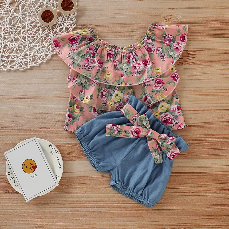 Toddler Kids Baby Girls Outfits Clothes Floral Print Ruffle T Shirt Tops+Shorts Pants Set|Комплекты одежды| |