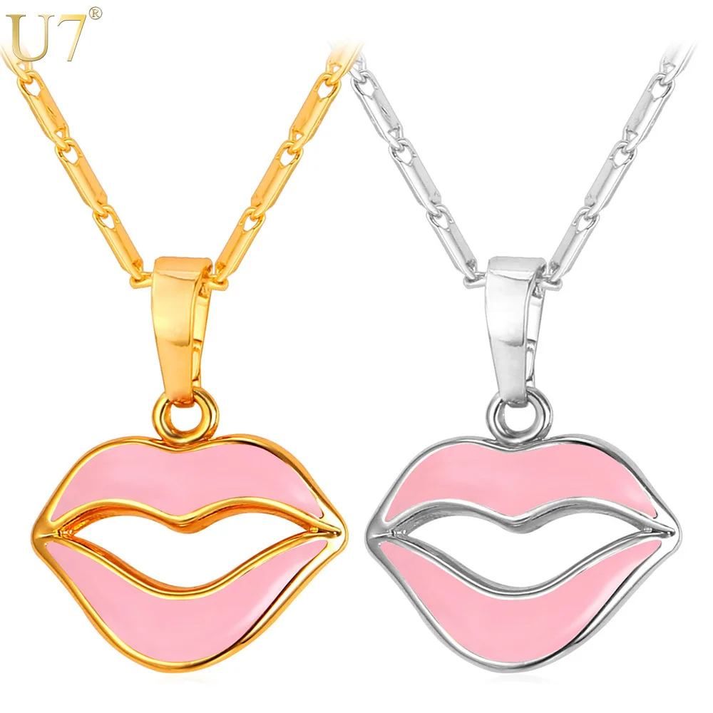 

U7 New Pink Lips Charm Pendant Women Jewelry Romantic Gold Color Kiss For Love Necklace For Fashion It-girl P897
