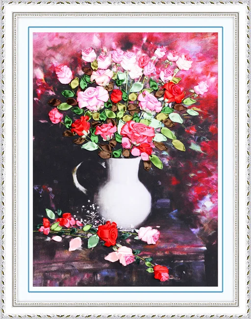 

Needlework,DIY Ribbon Cross stitch Sets for Embroidery kit, Elegant Vase Rose flowers Cross-Stitch handwork Home Wall Decor