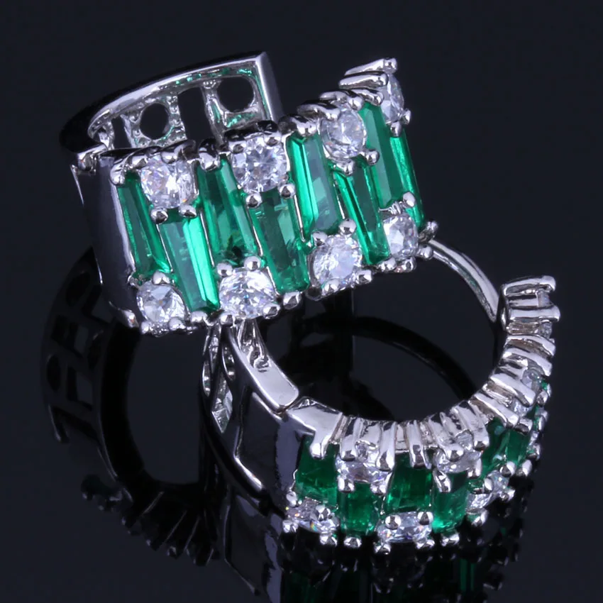 

Adorable Green Cubic Zirconia White CZ Silver Plated Clip Hoop Huggie Earrings V1048