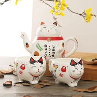 japanese lucky cat porcelain tea set creative maneki neko ceramic tea pot cup with strainer lovely plutus 1 teapot and 2 mugs
