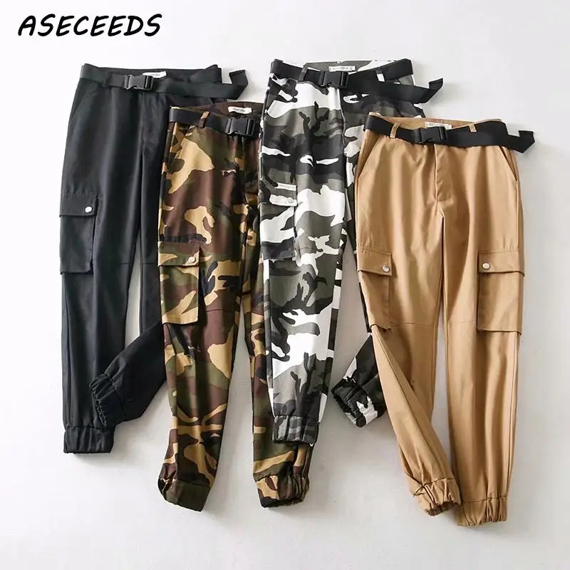 Черный Высокая талия camo брюки для девочек Джоггеры женщин карманы камуфляж штаны