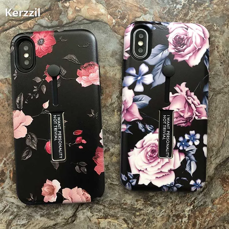 Kerzzil Cartoon Flamingos Floral Flower Vintage Case For iphone 7 8 Plus Holder Stand Phone Cover for X 6 6s Back | Мобильные