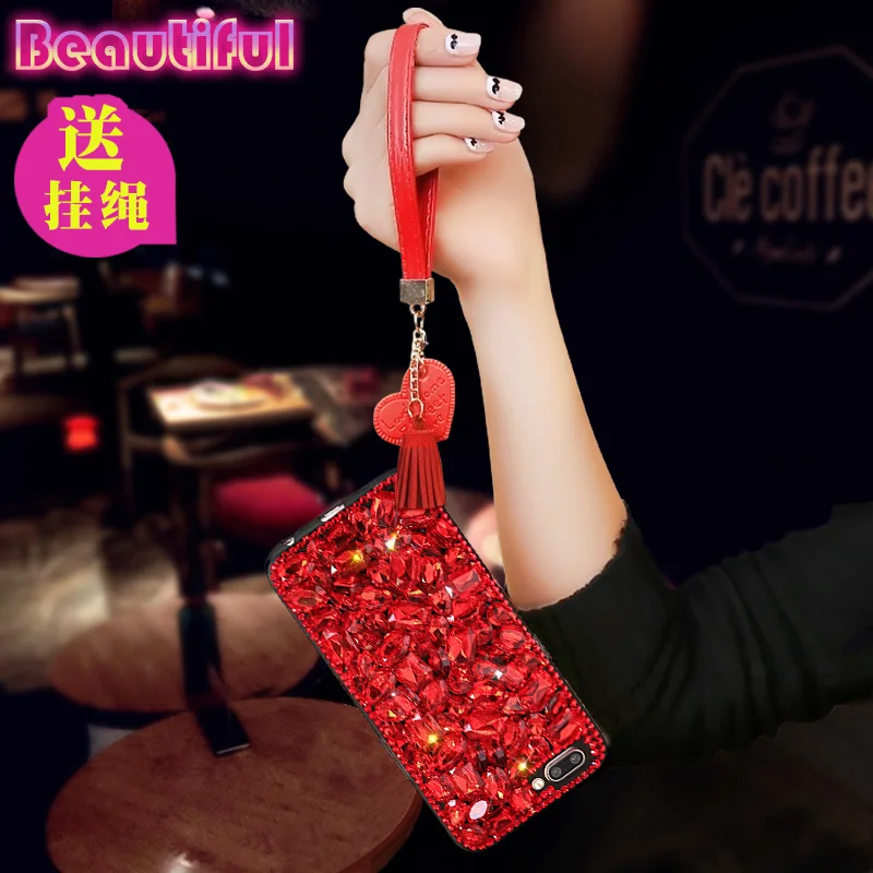 case for iPhone 5C 6 6s 7 8 Plus 11 Pro X XR XS Max Ruby Diamond Designer Rhinestone Red Women Detachable Wrist Strap |
