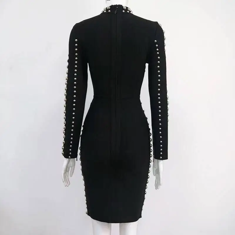 Черное Бандажное платье зимнее модное сексуальное с длинным рукавом и бусинами