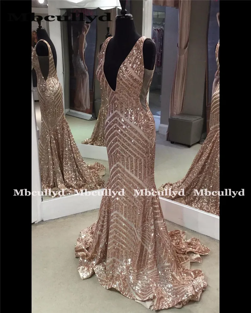 Mbcully Gold Sequins Mermaid Prom Dresses 2020 Sexy V-neck African Black Girls Graduation Party Gowns Long robe de soiree | Свадьбы и