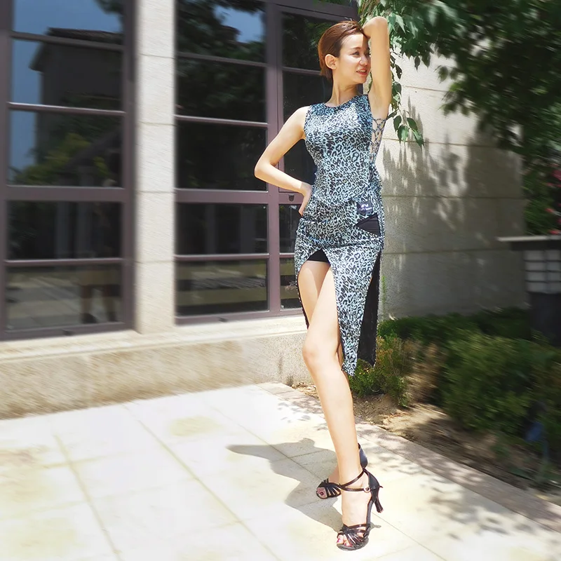 Женское платье для латиноамериканских танцев зеленое леопардовых летнее без