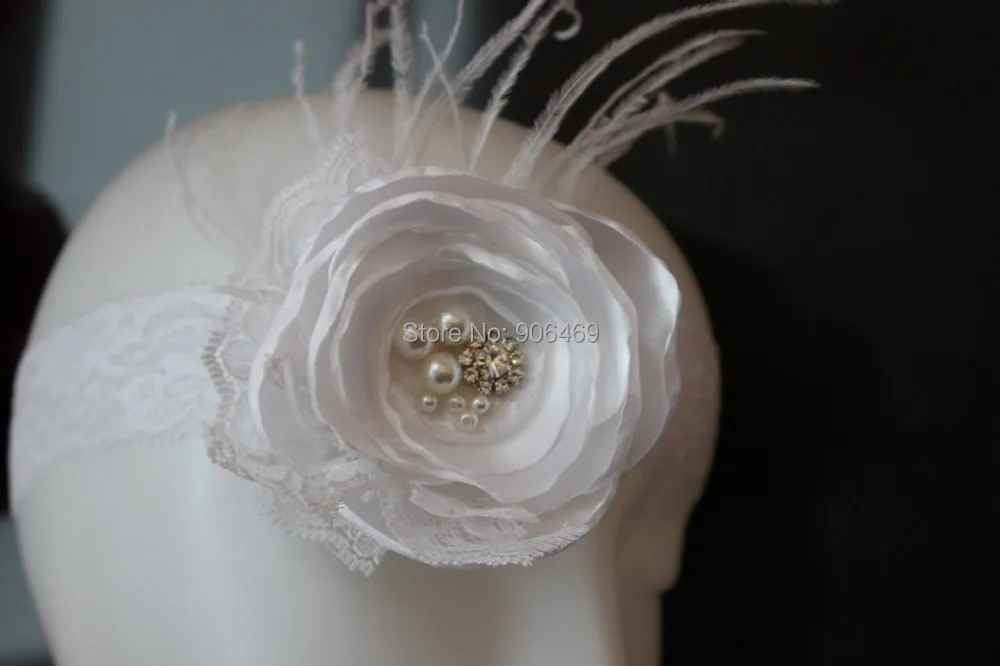 

Boutique girl burn flower headband ,stain fabric flower headband with feather,pearl,rhinestone 1pcs