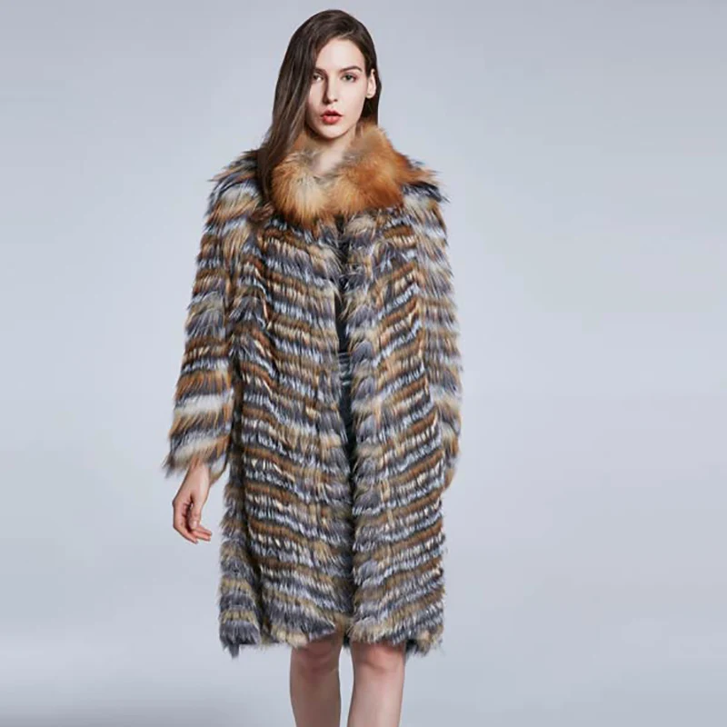 Женское пальто с натуральным лисьим мехом JKP зимнее теплое меховым воротником из
