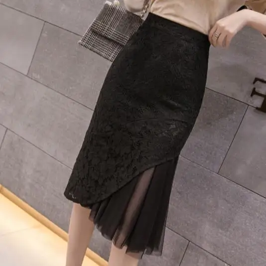 2019 spring women's mesh stitching lace slim trumpet skirts female split package hip skirt S-2XL ladies sexy clothing DV977 | Женская