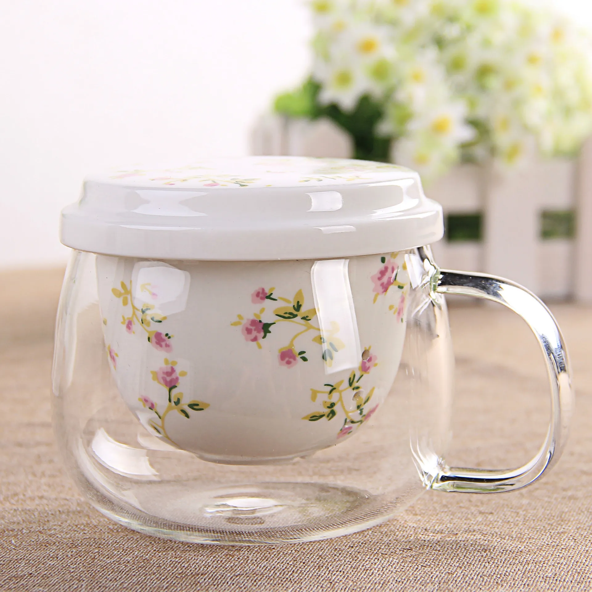Creative Flower Chinese Tea Set Double Wall Glass Cups with Bone China Insulation Infuser and Lid Clear 300-400ml | Дом и сад