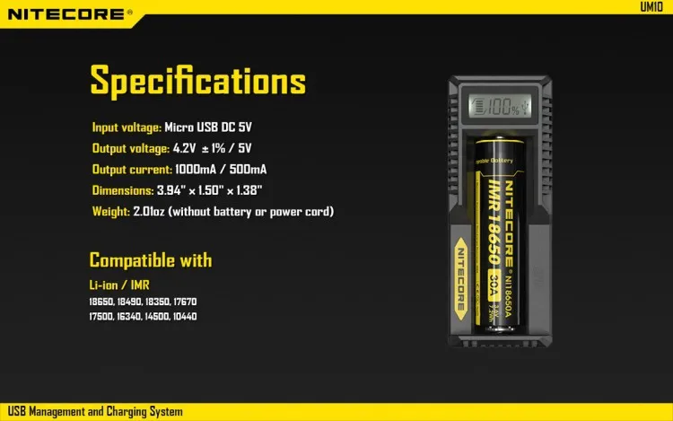 Портативный аксессуар для освещения Nitecore UM10 Digi зарядное устройство с ЖК-дисплеем универсальное USB зарядное устройство 18650