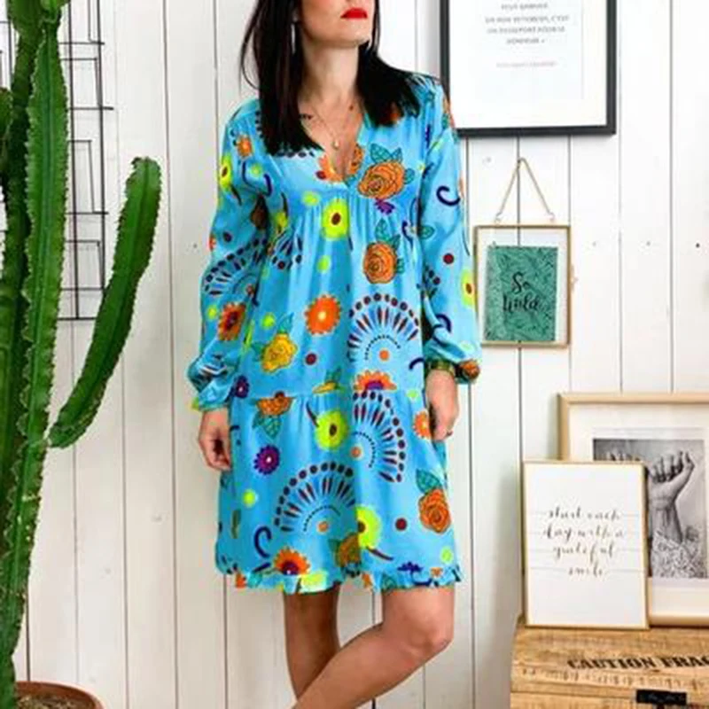 Длинные рукава свободные модные платья Цветочные пляжные вечерние повседневные