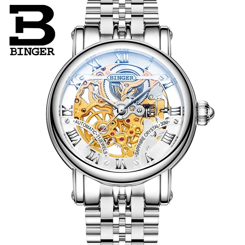 BINGER Luxury Gold Automatic Watches Skeleton Fashion Business Watch Men Mechanical Wristwatch Full Steel relogio masculino