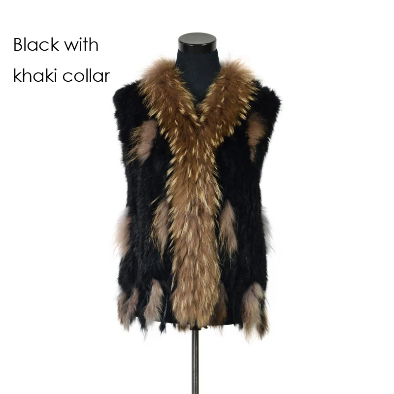 black with khaki VR001-17,, женский жилет из натурального кроличьего меха с воротником из меха енота, жилет/куртки из кроличьего меха - Цвет: black with khaki