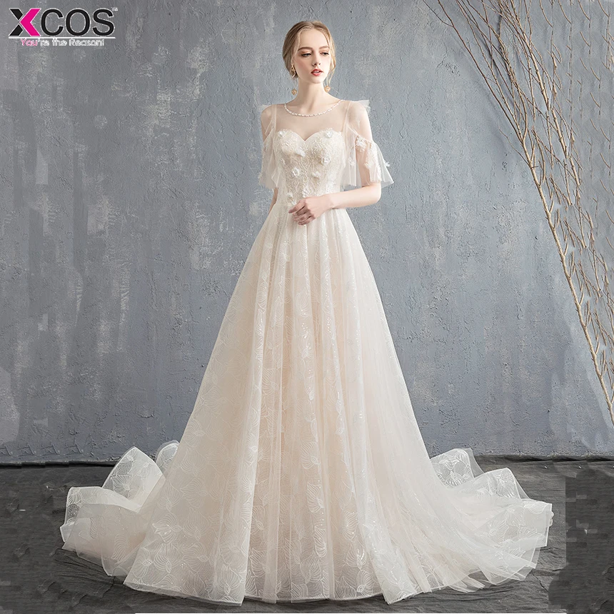 Новинка 2018 свадебное платье цвета шампанского трапециевидной формы со шлейфом и